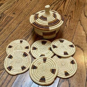 Set of 6 vintage Woven Coasters & lidded storage container beige browns
